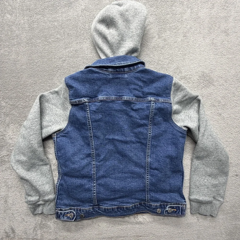 Levi's‎ Jacket Youth Large Blue Denim Hooded Varsity Trucker Sweatshirt Sleeves